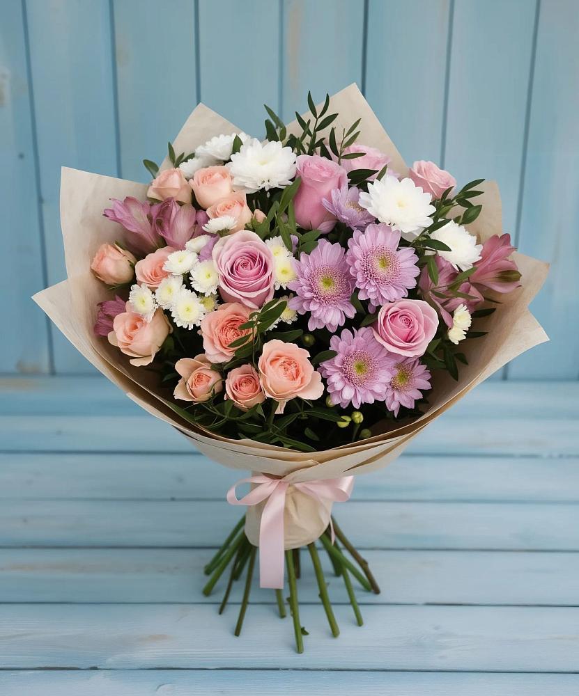 Букет цветов из: Хризантемы, Розы и Альстромерии в Молодежный