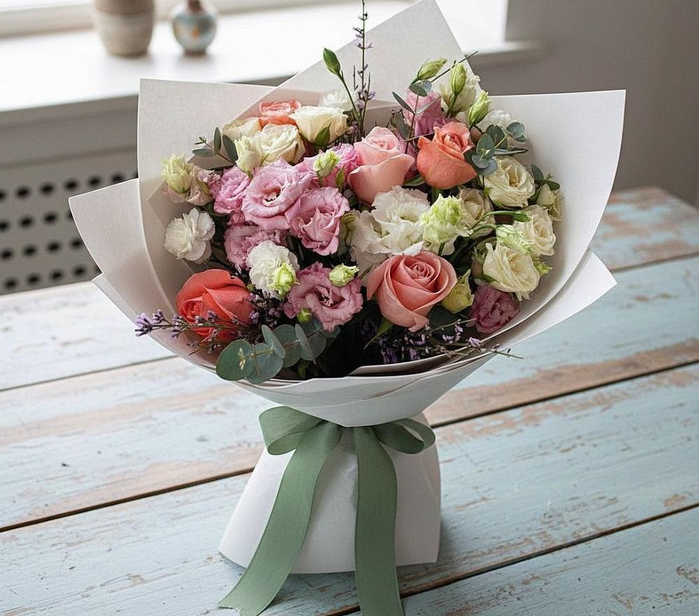 Букет цветов из: Розы, Лизиантусы и Гвоздики в Молодежный