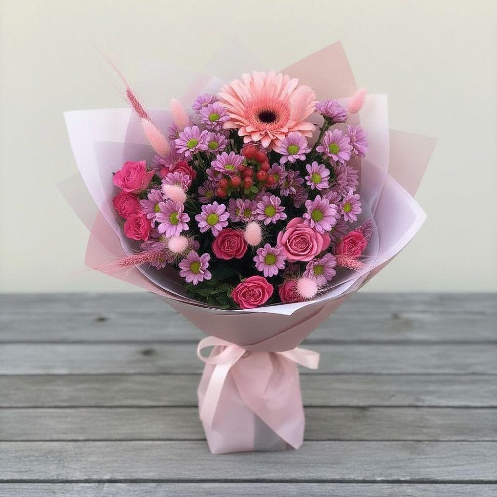 Букет цветов из: Розы, Герберы и Хризантемы в Молодежный