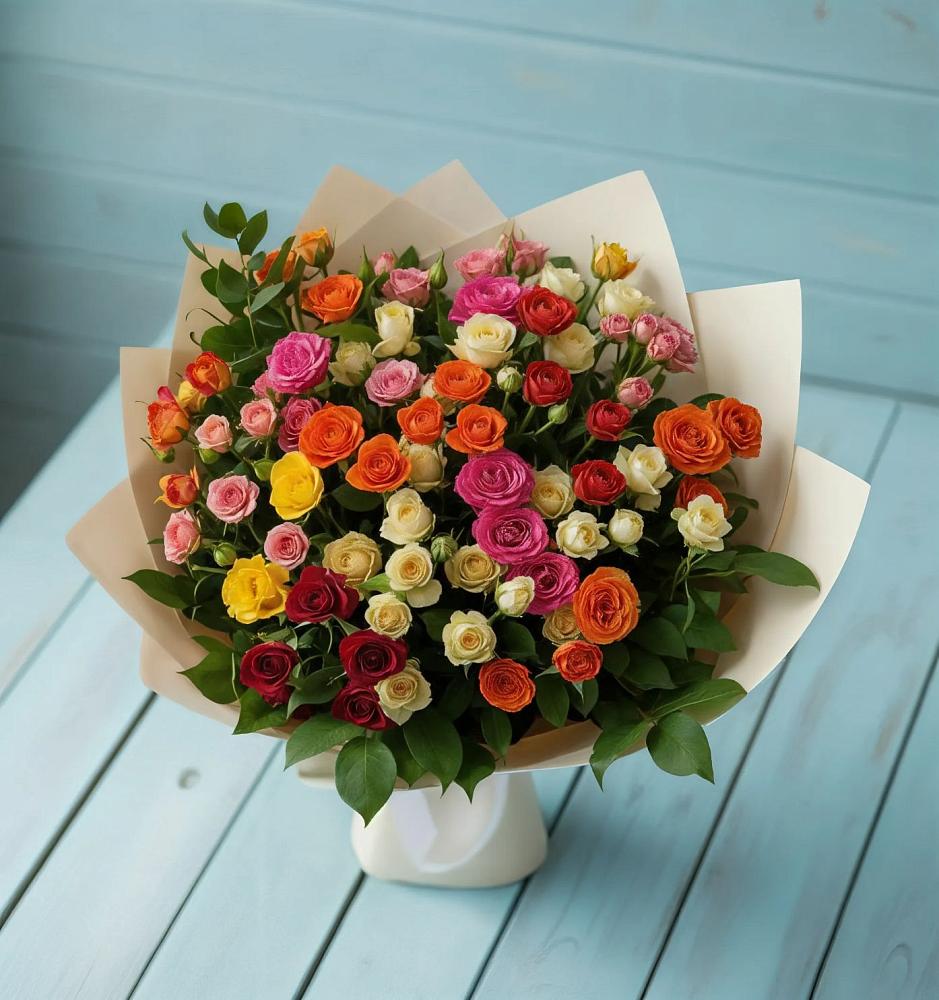 Букет Микс из разноцветных кустовых роз в Молодежный
