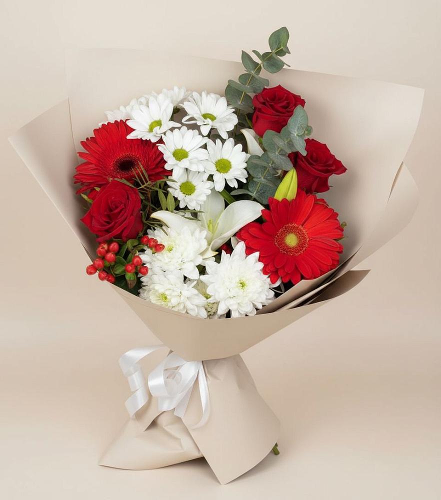 Букет цветов из: Розы, Хризантемы, Герберы и Лилии в Молодежный
