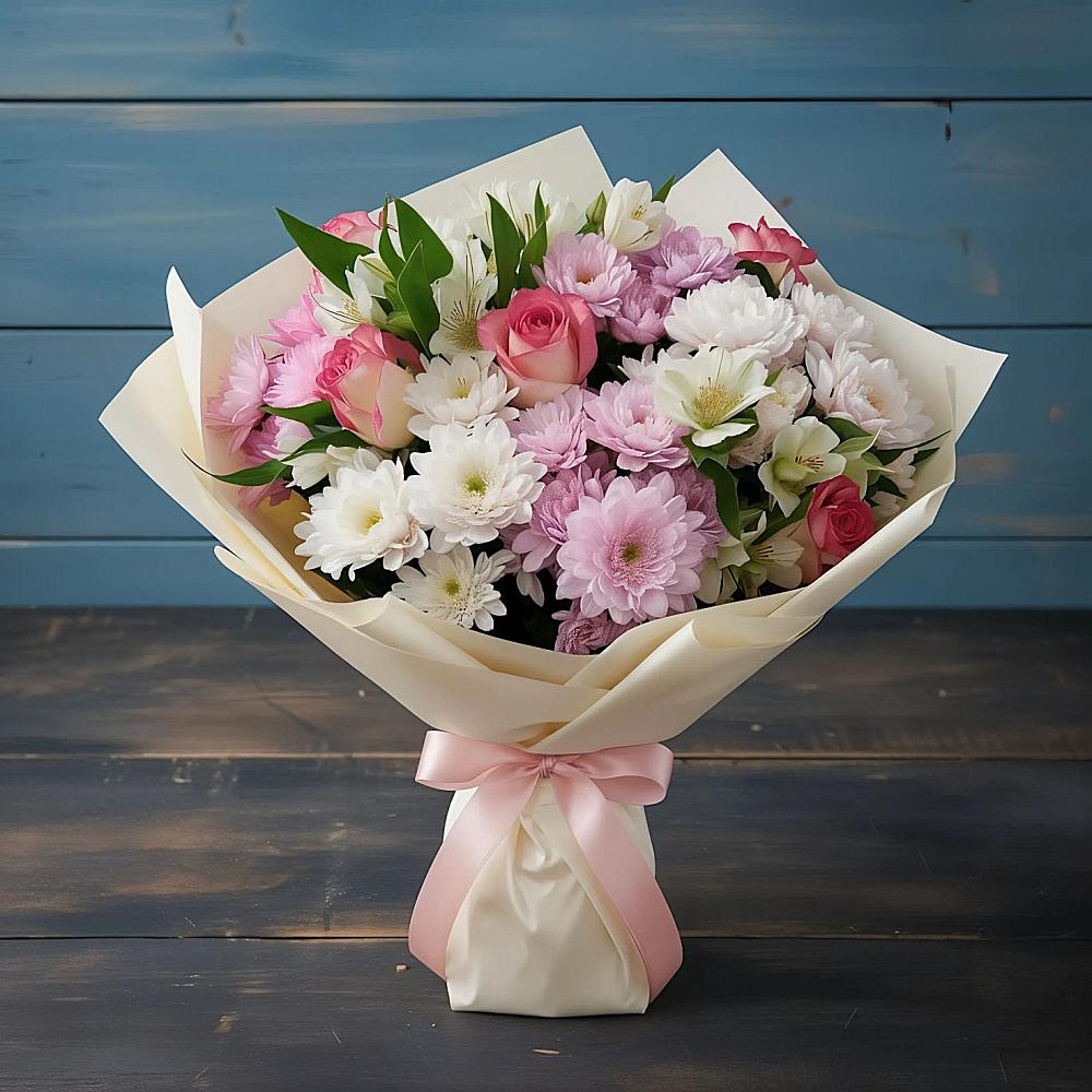 Букет цветов из: Хризантемы, Альстромерии и Розы в Молодежный